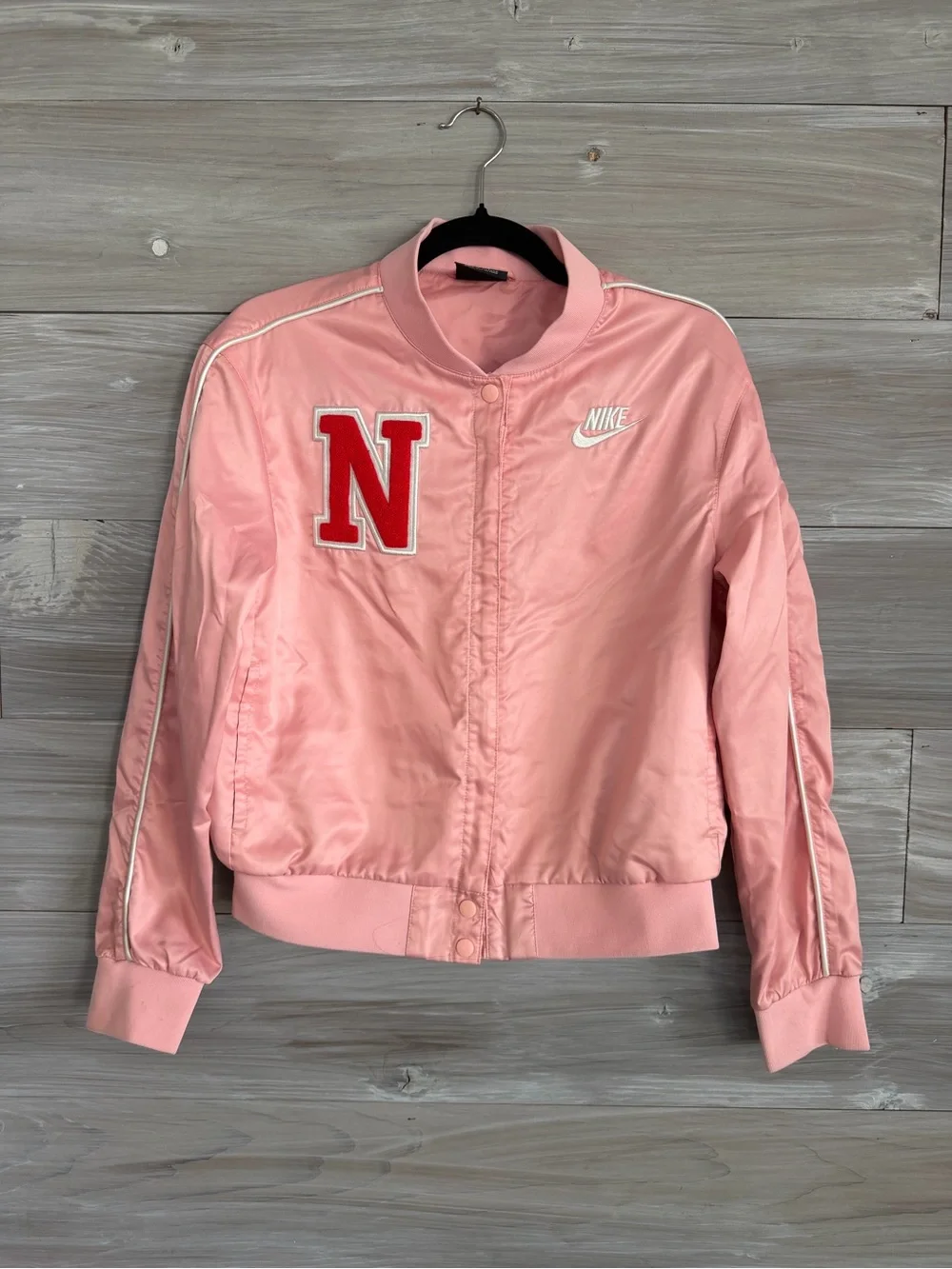 Nike Pink Satin Varsity Bomber Jacket with Red Letter Patch Girls XL